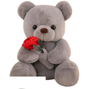 Bear Plush Toy Grijs Whiteh Rode Roos 23 cm